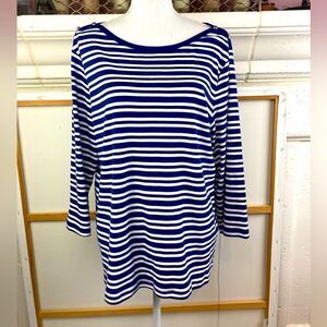 Chicos NWOT boat neck sapphire blue and white nautical top w/ studs on shoulders